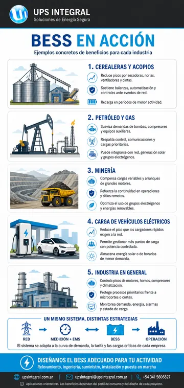 Vista previa de ejemplos BESS para cerealeras, petróleo y gas, minería, movilidad e industria