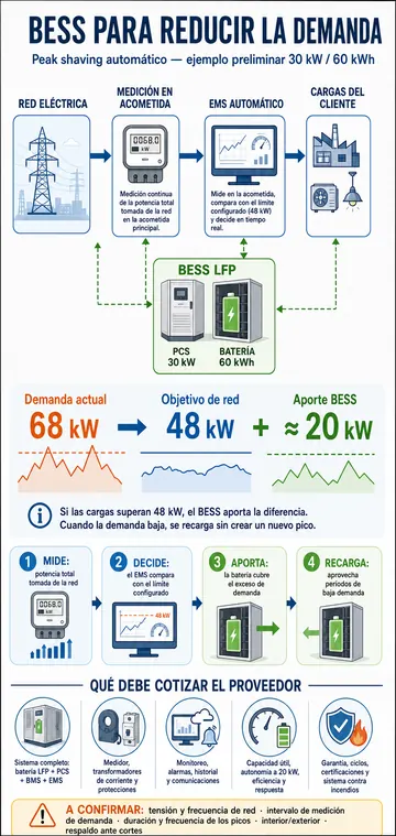 Vista previa del ejemplo de peak shaving con BESS de 30 kW y 60 kWh